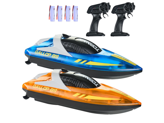 RC Boat, 2 Pack 2.4GHz 12 km/h, Remote Control Boat for Pools & Lakes, Racing Boat with LED Light, 4 Rechargeable Batteries, Whole Body Waterproof,...