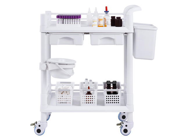 VEVOR 2 Tiers Lab Carts Mobile Medical Cart 2 Trays 2 Drawers 3 Trash Cans White, Trolley Storage Cart with PP Material, Lab Rolling Cart with 4...