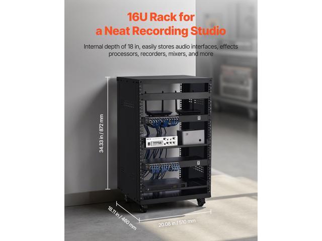 16U AV Rack, 200 lbs Max Capacity, Home Recording Studio Rack with Lockable Caster Wheels, Open Frame Server Cabinet, Special Vent Design, for...