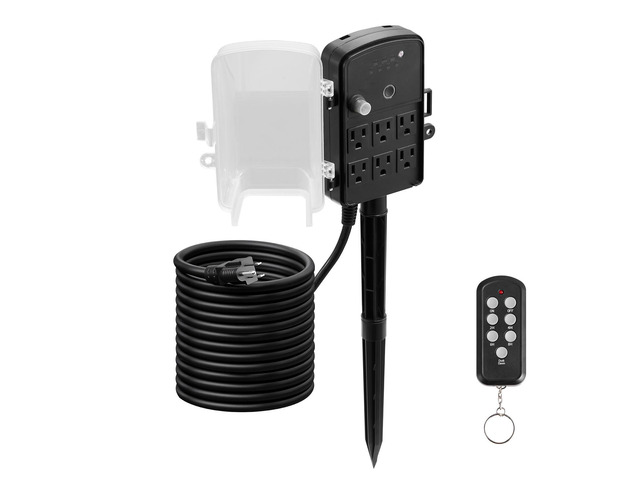 VEVOR Outdoor Power Stake, 25FT Extension Cord, Outdoor Power Strip Weatherproof with Cover, Remote Control Dusk to Dawn Light Timer Waterproof, 6...