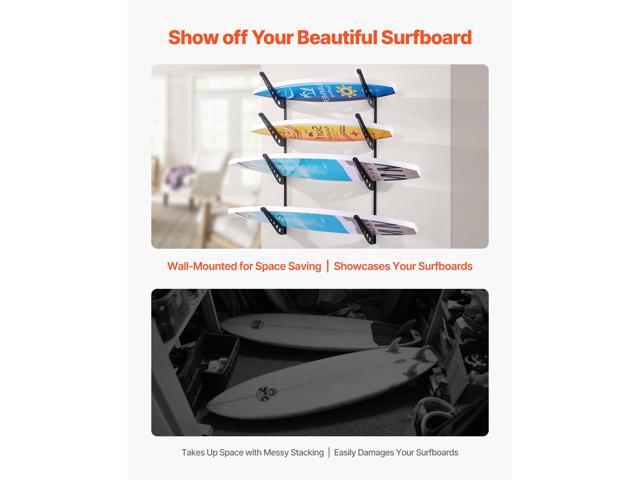 Surfboard Wall Mount, 4 Tiers Horizontal Surfboard Rack for Storage and Display, Adjustable Height Metal Board Stand Organizer, Surf Board Holder...
