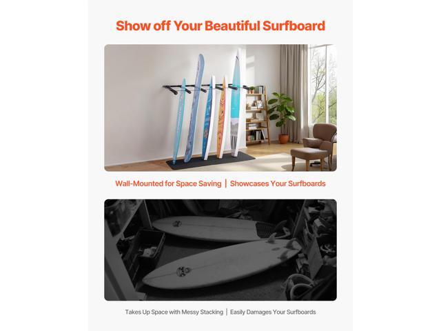 Surfboard Wall Mount, 5 Tiers Vertical Surfboard Rack for Storage and Display, Adjustable Metal Board Stand Organizer with Sponge Pad, Surf Board...
