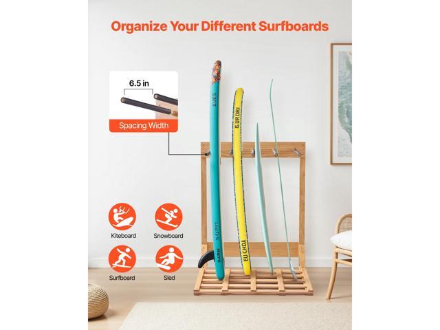 Vertical Surfboard Stand, 4 Tiers Wooden Surfboard Rack for Storage and Display, Freestanding Board Stand Organizer, Surf Board Holder for...