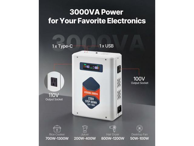Step Down Voltage Converter, 3000VA, Heavy Duty Voltage Power Converter, 220V to 110V Power Transformer, with 2 US Outlets, USB Output, LCD...