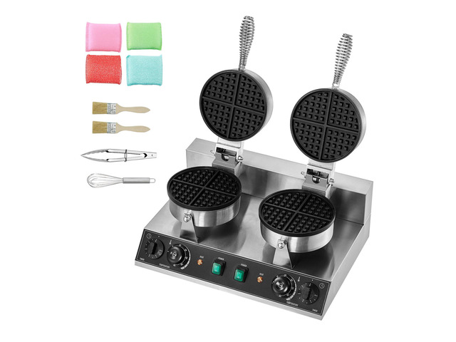 Commercial Waffle Maker, Dual-Head Round Waffle Baker Machine, 2460W Non-Stick Stainless Steel Belgian Waffle Iron with Temp and Time Control,...