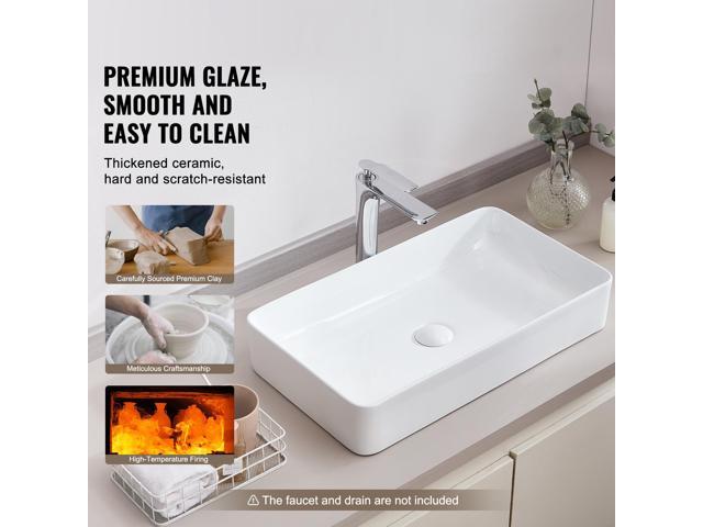 VEVOR Rectangle Vessel Sink, 24' x 13.8' Bathroom Vessel Sink Countertop, White Ceramic Bathroom Sinks Above Counter, Modern Style, Bright and...