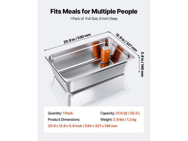 VEVOR Full Size Hotel Pan Steam Table Pan 6 Inch Deep Stainless Steel 1 Pack