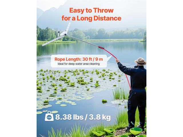 Lake Weed Cutter, Pond Aquatic Plant Cutting Tool with 48 in Max. Cut Width, Sharp and Heavy-Duty Steel Blades, Pond Rake with 30 ft Throw Rope,...