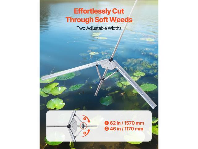 Lake Weed Cutter, Pond Aquatic Plant Cutting Tool with 62 in Max. Cut Width, Sharp and Heavy-Duty Steel Blades, Pond Rake with 30 ft Throw Rope,...
