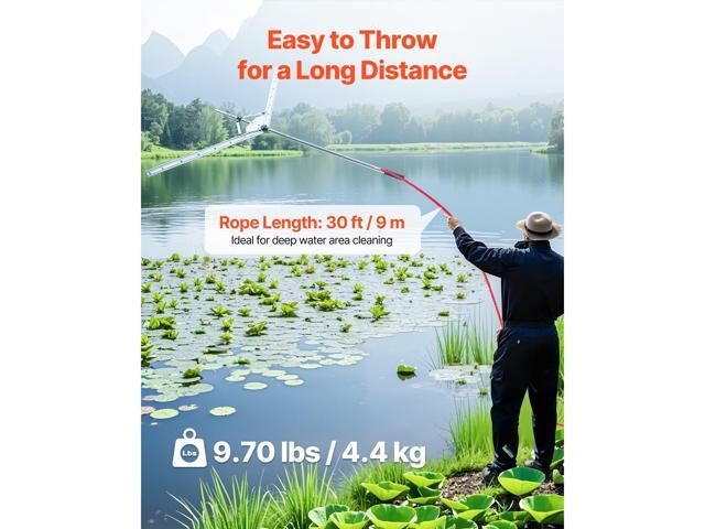 Lake Weed Cutter, Pond Aquatic Plant Cutting Tool with 62 in Max. Cut Width, Sharp and Heavy-Duty Steel Blades, Pond Rake with 30 ft Throw Rope,...