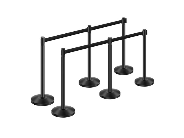 Stanchion Post, 6 Pcs Stanchions with Retractable Belts, Carbon Steel Black Stanchions Queue with Sand Injection Hollow Base, Crowd Control...