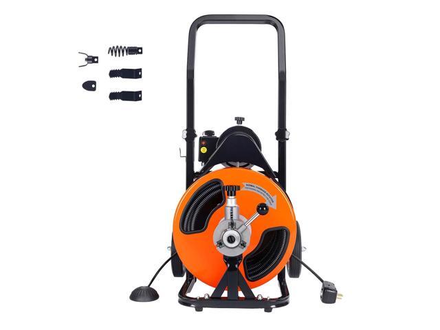 Drain Cleaner Machine 100 FT x 1/2 Inch, Sewer Auger Auto Feed with 4 Cutter & Air-activated Foot Switch for 1' to 4' Pipes, Orange, Black