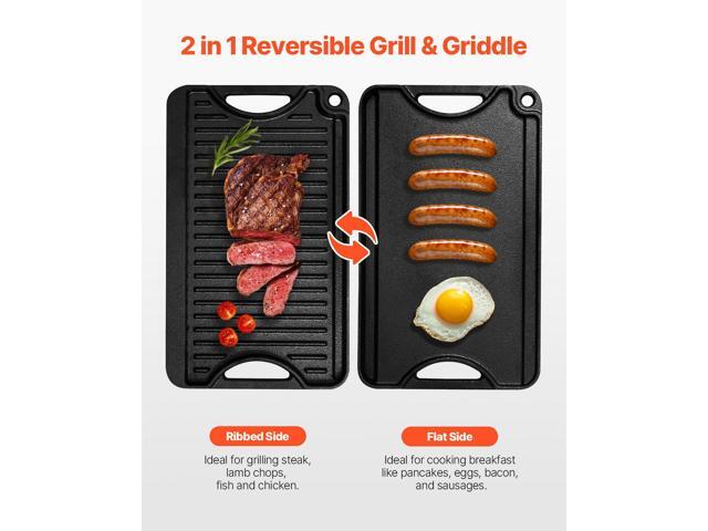 Reversible Grill/Griddle, 14x8.5 inch Pre-Seasoned Cast Iron Griddle, Portable Rectangular Pan with Handle, Family Cookware for Indoor/Outdoor...