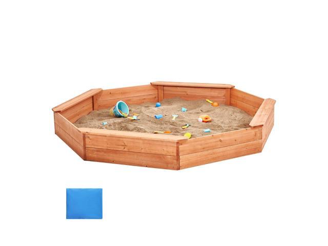 Wooden Sandbox with Cover, 75.6 x 75.6 x 9.1 in Octagonal Sand Box, Sand Pit with 4 Seating and Bottom Liner, Kids Sandbox for Outdoor Backyard,...