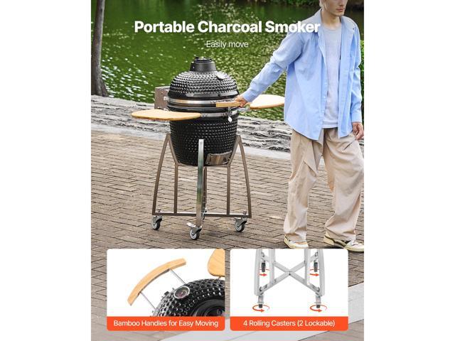 Charcoal Smoker and Grill, 18' Kamado Charcoal BBQ Smoker, Movable Ceramic Barbecue Grill with 4 Wheels (2 Lockable), Built-in Thermometer, Air...