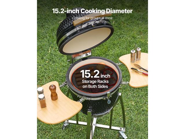 Charcoal Smoker and Grill, 18' Kamado Charcoal BBQ Smoker, Movable Ceramic Barbecue Grill with 4 Wheels (2 Lockable), Built-in Thermometer, Air...