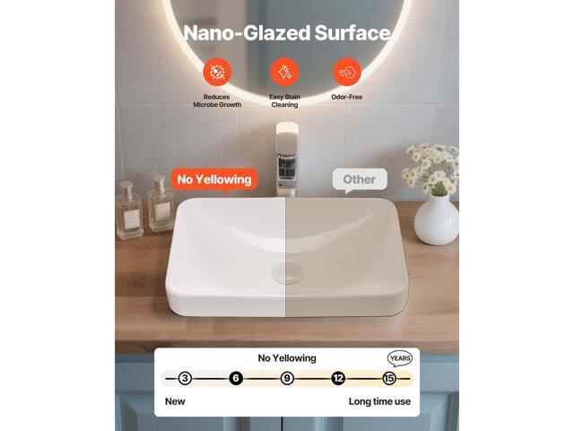 Semi Recessed Bathroom Sink, 19.29 x 12.01 Inch Rectangular White Ceramic Vessel Sink with 1-3/4 Inch Drain Hole, Drop in Modern Lavatory Vanity...