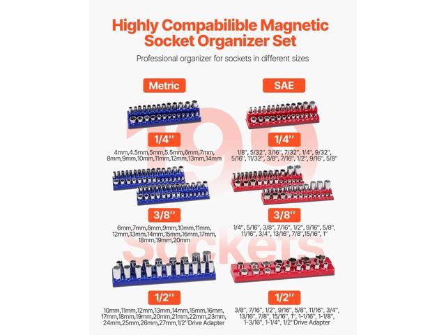 Magnetic Socket Organizer Set, 8PCS Socket Holder, 1/4'', 3/8'' & 1/2'' Metric SAE Socket Trays with Clear Labels, Hold up to 199PCS Standard &...