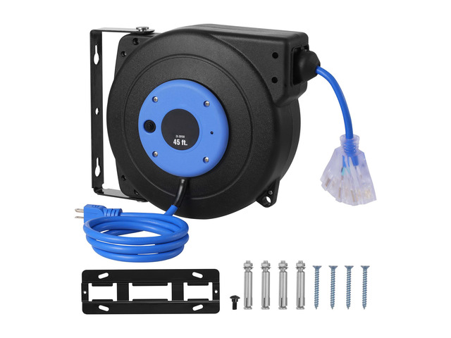 Retractable Extension Cord Reel, 45 FT, Heavy Duty 12AWG/3C SJTOW Retractable Power Cord with Lighted Triple Tap Outlet, 15 Amp Circuit Breaker...