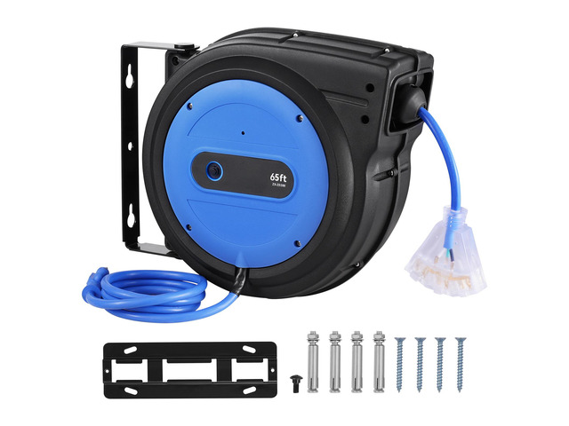 Retractable Extension Cord Reel, 65 FT, Heavy Duty 12AWG/3C SJTOW Retractable Power Cord with Lighted Triple Tap Outlet, 15 Amp Circuit Breaker...