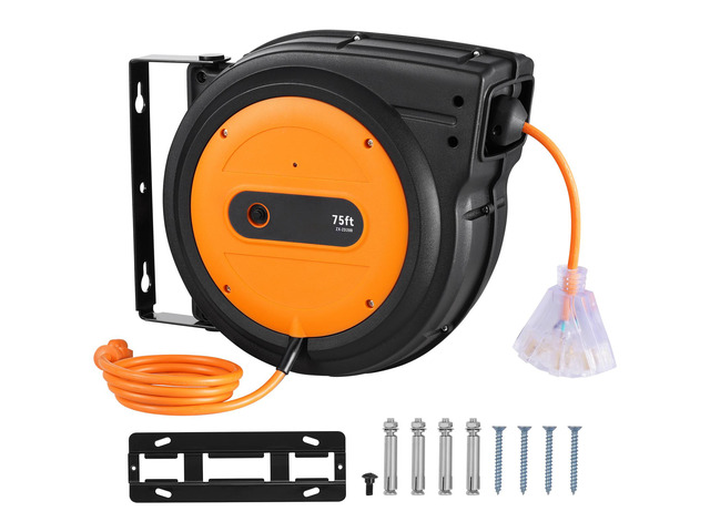 Retractable Extension Cord Reel, 75 FT, Heavy Duty 14AWG/3C SJTOW Retractable Power Cord with Lighted Triple Tap Outlet, 13 Amp Circuit Breaker...
