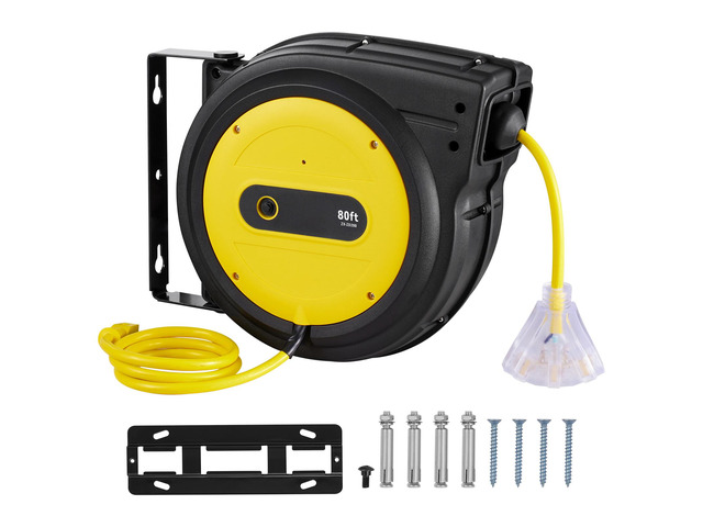Retractable Extension Cord Reel, 80 FT, Heavy Duty 12AWG/3C SJTOW Retractable Power Cord with Lighted Triple Tap Outlet, 15 Amp Circuit Breaker...