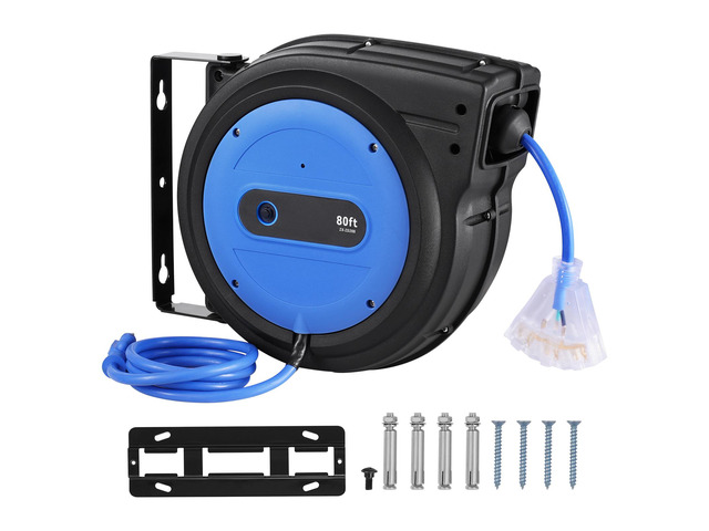 Retractable Extension Cord Reel, 80 FT, Heavy Duty 12AWG/3C SJTOW Retractable Power Cord with Lighted Triple Tap Outlet, 15 Amp Circuit Breaker...
