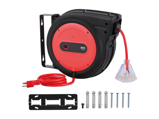 Retractable Extension Cord Reel, 80 FT, Heavy Duty 12AWG/3C SJTOW Retractable Power Cord with Lighted Triple Tap Outlet, 15 Amp Circuit Breaker...