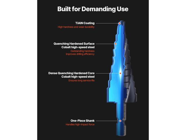 Step Drill Bit, 3/16 to 7/8 inch, 1/4 inch Hex Shank, TiAlN Coating Cobalt HSS High Speed Steel, Four Spiral Flute Step Bit for Metal, Stainless...