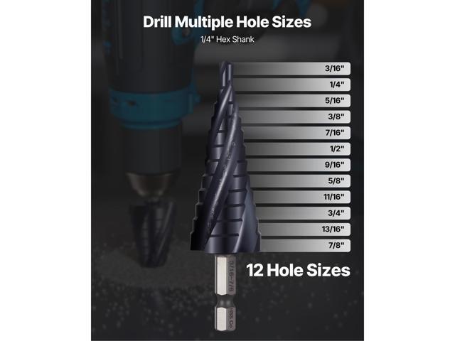 Step Drill Bit, 3/16 to 7/8 inch, 1/4 inch Hex Shank, TiAlN Coating Cobalt HSS High Speed Steel, Four Spiral Flute Step Bit for Metal, Stainless...