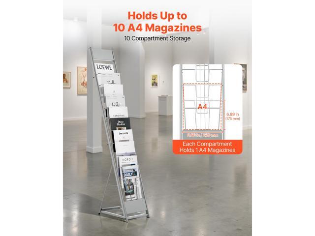 Brochure Display Rack, 10 Pockets Magazine Literature Display Stand, Portable Floor Standing Magazine Rack, Metal Newspaper Catalog Holders for...