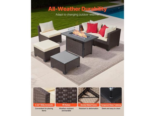 6-Piece Outdoor Patio Furniture Set, Wicker Rattan Outdoor Sectional Conversation Set with 50000BTU Propane Fire Pit Table, Cushioned Sofas, Coffee...