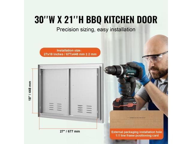 BBQ Access Door, 30W x 21H Inch Double Outdoor Kitchen Door, Stainless Steel Flush Mount Door, Wall Vertical Door with Handles and Vents, for BBQ...