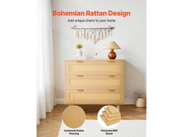 3 Drawer Rattan Dresser, Modern Closet Dresser for Bedroom, Natural Rattan Chest of Drawers with Metal Handles & Wooden Legs, Chest Clothing...