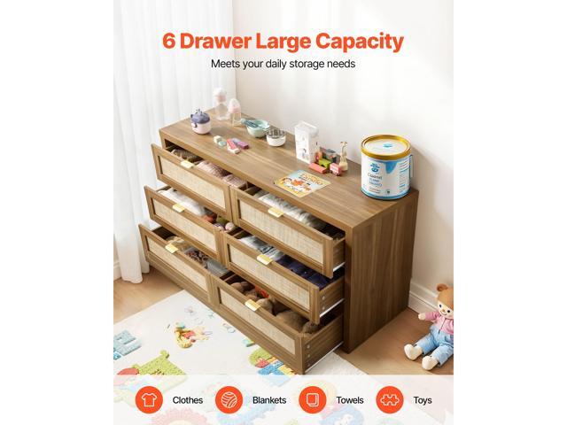 6 Drawer Rattan Dresser, Double Dresser for Bedroom, Natural Rattan Chest of Drawer with Metal Handle, Modern Wood Chest Clothing Organizer &...