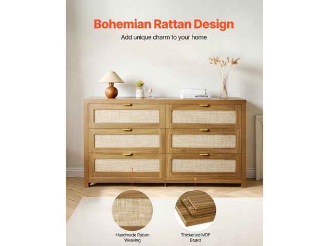 6 Drawer Rattan Dresser, Double Dresser for Bedroom, Natural Rattan Chest of Drawer with Metal Handle, Modern Wood Chest Clothing Organizer &...