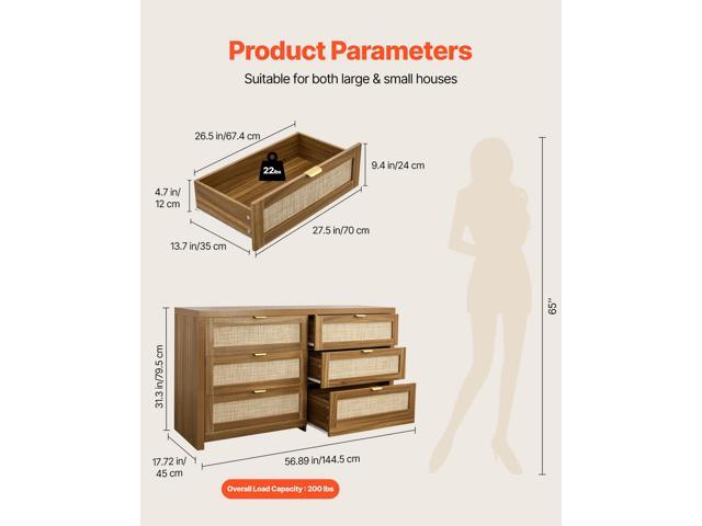 6 Drawer Rattan Dresser, Double Dresser for Bedroom, Natural Rattan Chest of Drawer with Metal Handle, Modern Wood Chest Clothing Organizer &...
