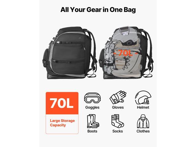 VEVOR Ski Boot Bag, 70L, Snowboard Boots Travel Backpack for Men Women, with Waterproof Exterior & Bottom, Durable 1680D Oxford, Bag for Skis,...
