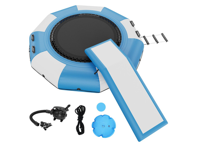 Inflatable Water Bouncer, 10ft Recreational Water Trampoline, Portable Bounce Swim Platform with Slide, 3-Step Ladder & Electric Air Pump, Kid...