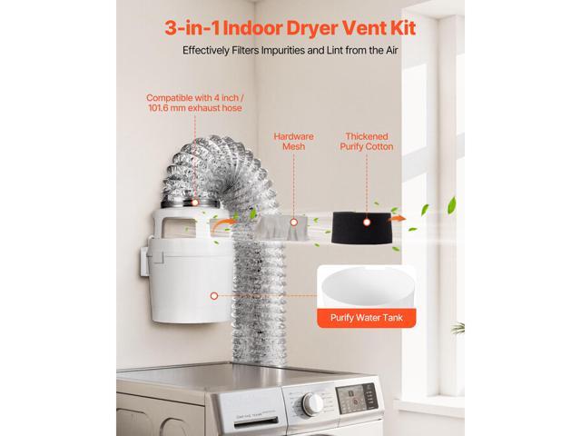 3-in-1 Indoor Dryer Vent Kit, with Bucket for Electric Dryer with 4-Inch by 5-Feet Extendable Exhaust Hose, Premium Quality & Light Weight & No...
