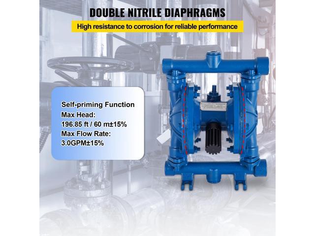 Air-Operated Double Diaphragm Pump, 1/2 in Inlet & Outlet, Cast Iron Body, 3 GPM & Max 90 PSI, Nitrile Diaphragm Pneumatic Transfer Pump for...