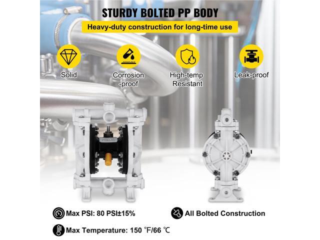 Air-Operated Double Diaphragm Pump, 1/2 in Inlet & Outlet, Polypropylene Body, 2.5 GPM & Max 80PSI, PTFE Diaphragm Pneumatic Transfer Pump for...