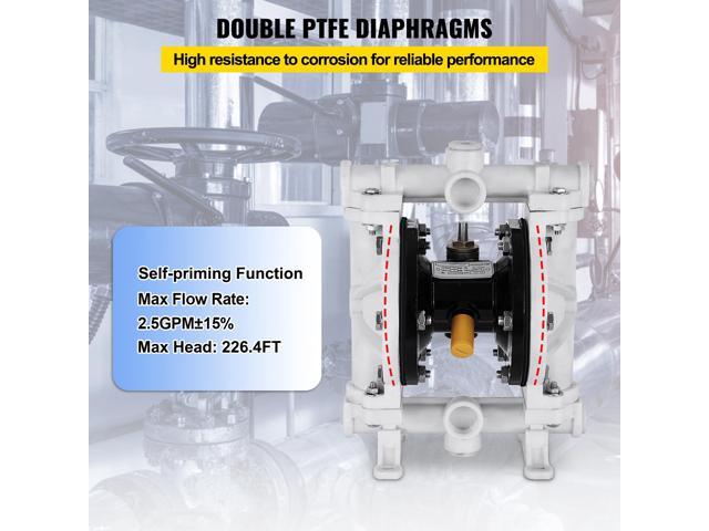 Air-Operated Double Diaphragm Pump, 1/2 in Inlet & Outlet, Polypropylene Body, 2.5 GPM & Max 80PSI, PTFE Diaphragm Pneumatic Transfer Pump for...