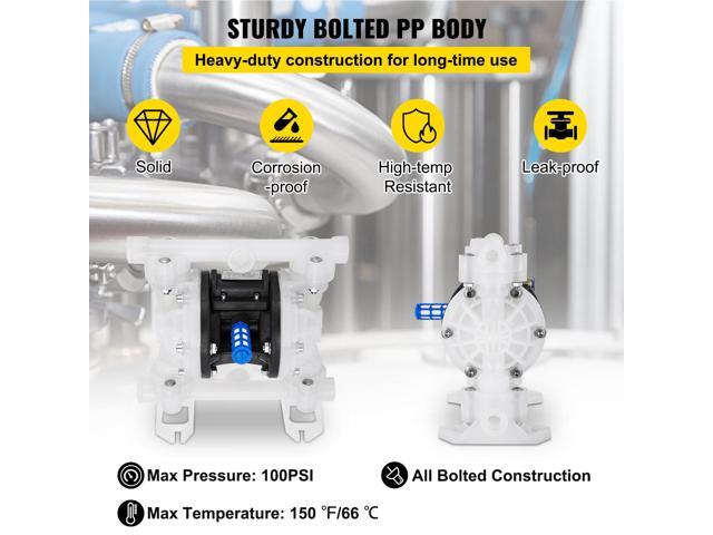 Air-Operated Double Diaphragm Pump, 1/2 in Inlet & Outlet, Polypropylene Body, 8.8 GPM & Max 120PSI, PTFE Diaphragm Pneumatic Transfer Pump for...