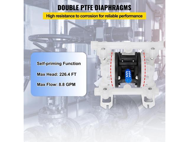 Air-Operated Double Diaphragm Pump, 1/2 in Inlet & Outlet, Polypropylene Body, 8.8 GPM & Max 120PSI, PTFE Diaphragm Pneumatic Transfer Pump for...