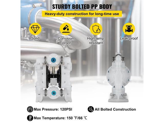Air-Operated Double Diaphragm Pump 1 inch Inlet/Outlet 30GPM Polypropylene Max 120PSI for Chemical and Industrial Use