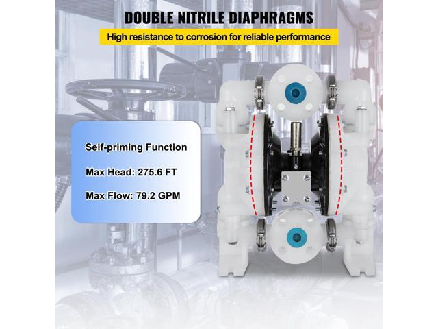 Air-Operated Double Diaphragm Pump 1 inch Inlet/Outlet 30GPM Polypropylene Max 120PSI for Chemical and Industrial Use