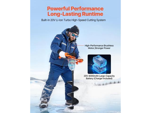 20V Electric Ice Auger, 8 inch Diameter, 2 in 1 Cordless Ice Fishing Augers and Earth Auger with Ices & Earth Drill Bit, Cold-Resistant Post Hole...