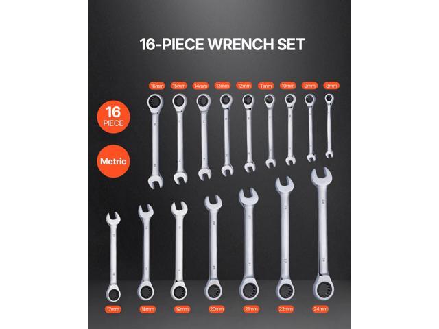 Combination Wrench Set, 16-Piece Ratcheting Wrench Set with Organizer Rack, Cr-V Steel Wrench Set Metric 8 mm to 24 mm, Ideal for General...