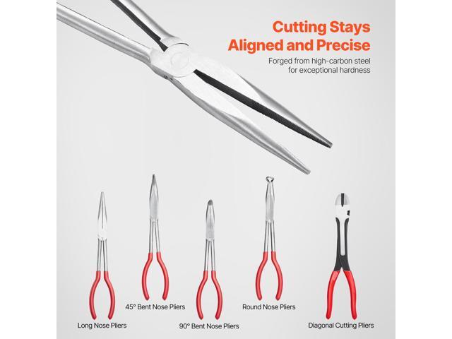 5-Piece Needle Nose Pliers, 11 in Long Needle Nose Pliers Set, Diagonal Cutting Pliers, 45°/ 90° Bent Nose Plier, Round Nose Plier, Long Nose...